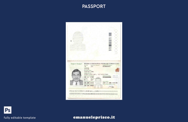 modello di passaporto del Sud Africa in stile verificato ( presente).
